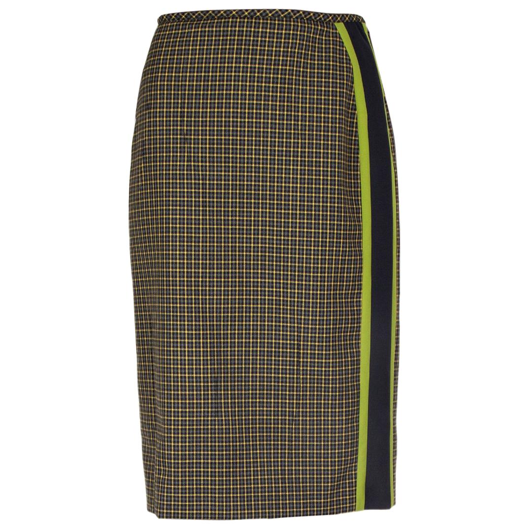 PRADA green yellow wool PLAID SIDE STRIPE Knee-Length Skirt 40 S
