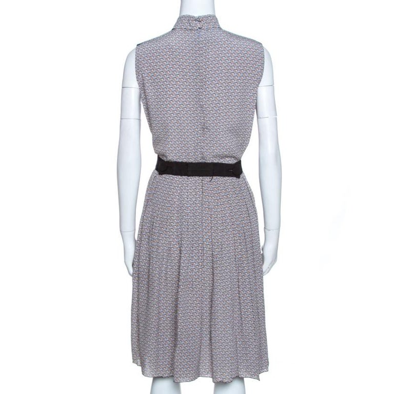 Prada Grey and Mauve Geometric Printed Silk Pleated Dress M For Sale at ...