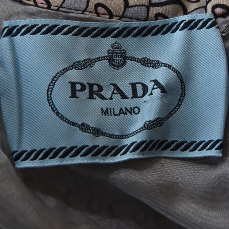 Prada Grey and Mauve Geometric Printed Silk Pleated Dress M In Good Condition In Dubai, Al Qouz 2