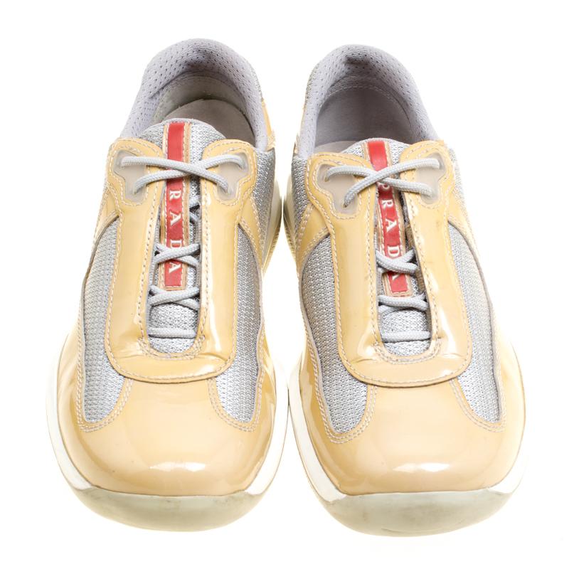 White Prada Grey/Beige Mesh and Patent Leather Carrie Lace Up Sneakers Size 36