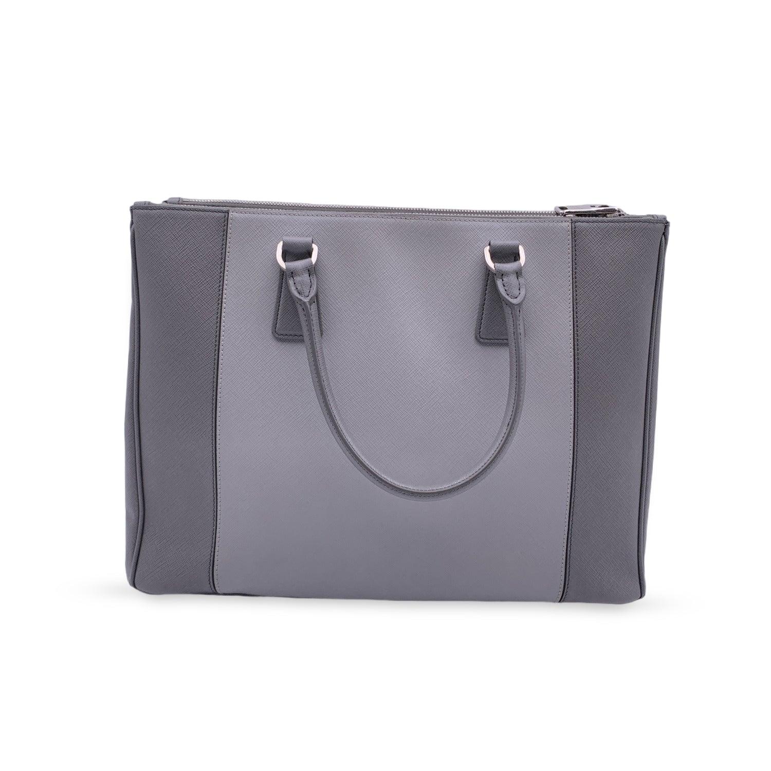Prada Grey Bicolor Saffiano Leather Galleria Tote Satchel Bag In Excellent Condition In Rome, Rome
