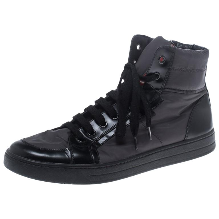 Prada Grey/Black Nylon and Leather High Top Lace Up Sneakers Size 44 at ...