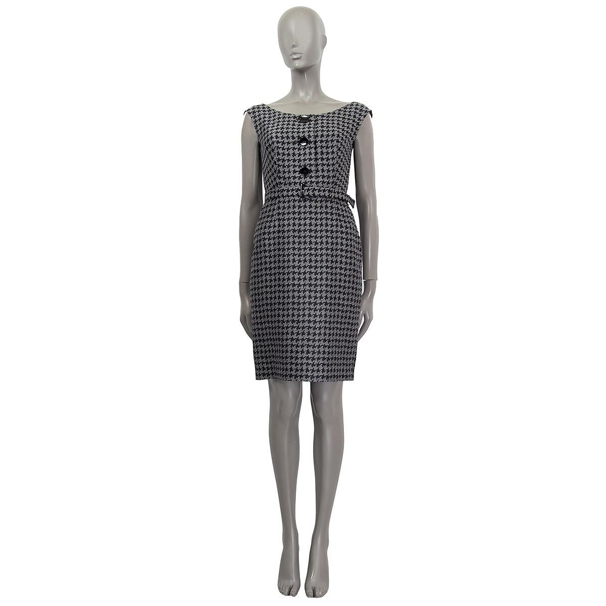PRADA grey & black wool HOUNDSTOOTH BELTED SLEEVELESS Dress 38 XS For Sale