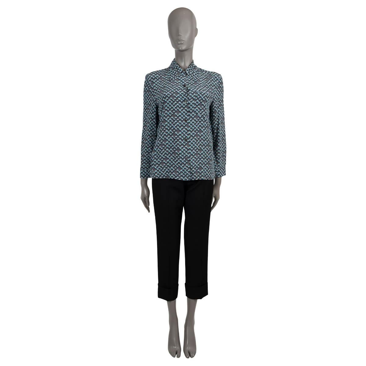 Women's PRADA grey & blue silk 2015 PRINTED Blouse Shirt M For Sale