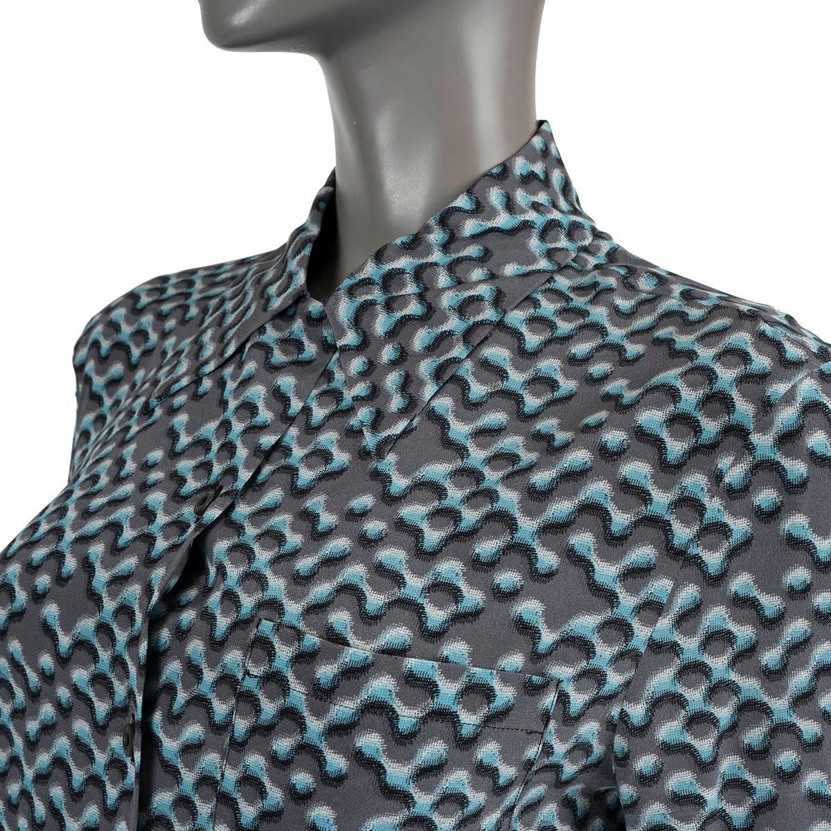 PRADA grey & blue silk 2015 PRINTED Blouse Shirt M For Sale 1