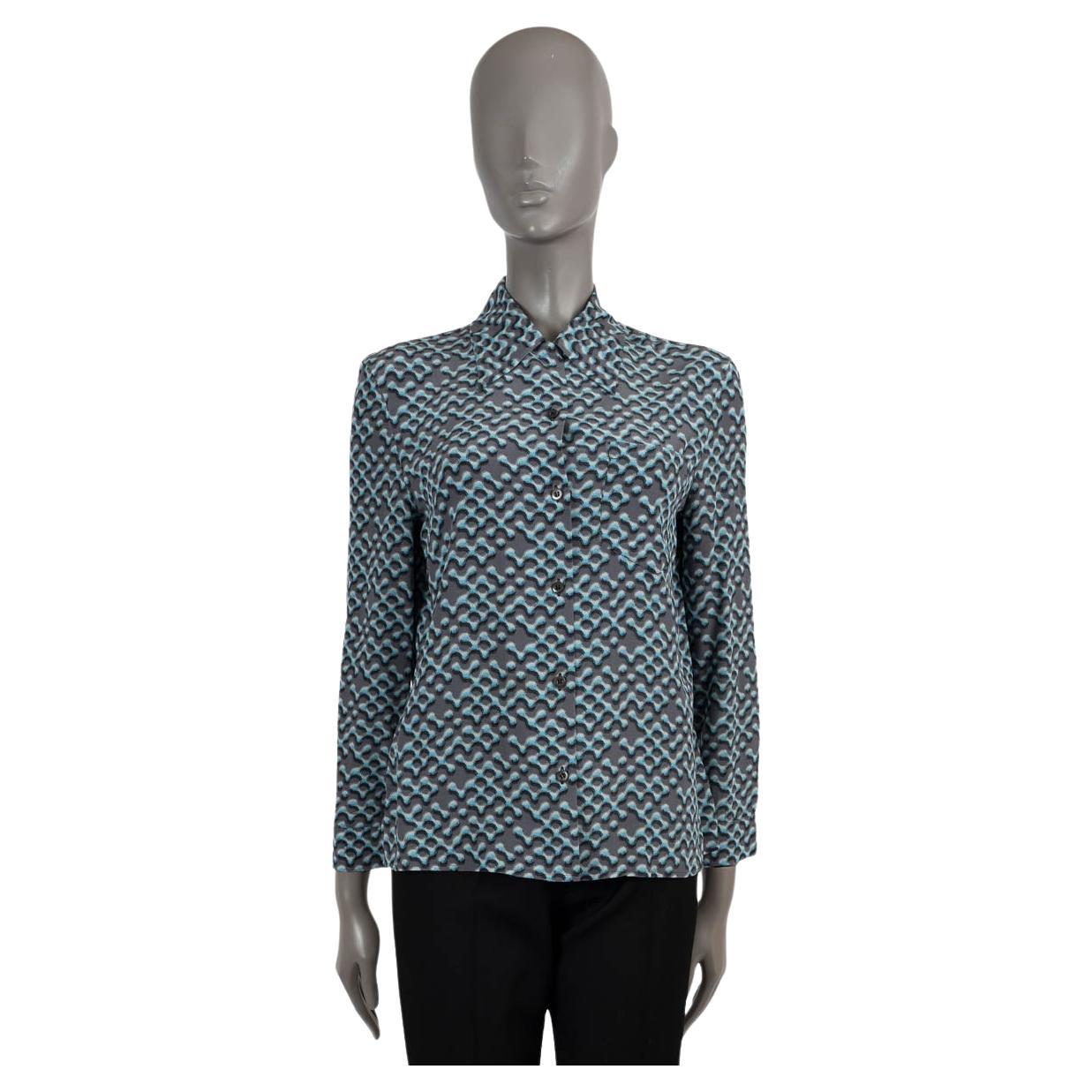 PRADA grey & blue silk 2015 PRINTED Blouse Shirt M For Sale