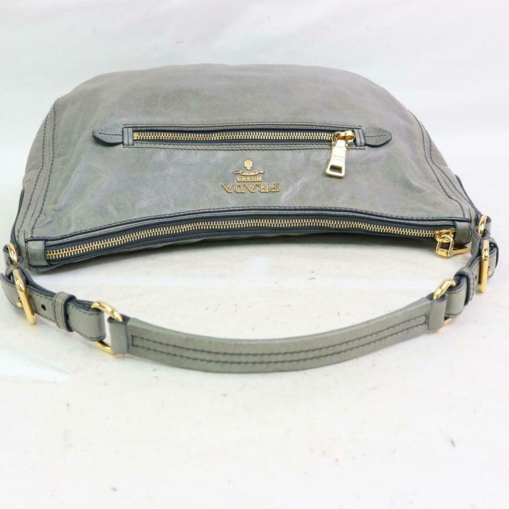 Prada Grey-blue Zip Hobo 870353 Gray Leather Shoulder Bag For Sale 6