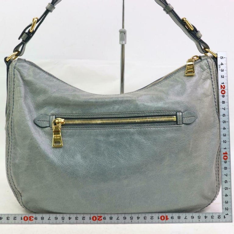 Prada Grey-blue Zip Hobo 870353 Gray Leather Shoulder Bag For Sale at ...