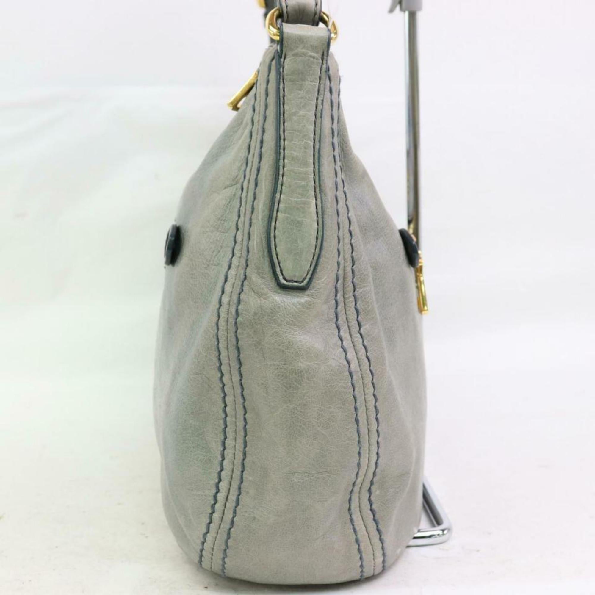 Prada Grey-blue Zip Hobo 870353 Gray Leather Shoulder Bag For Sale 3