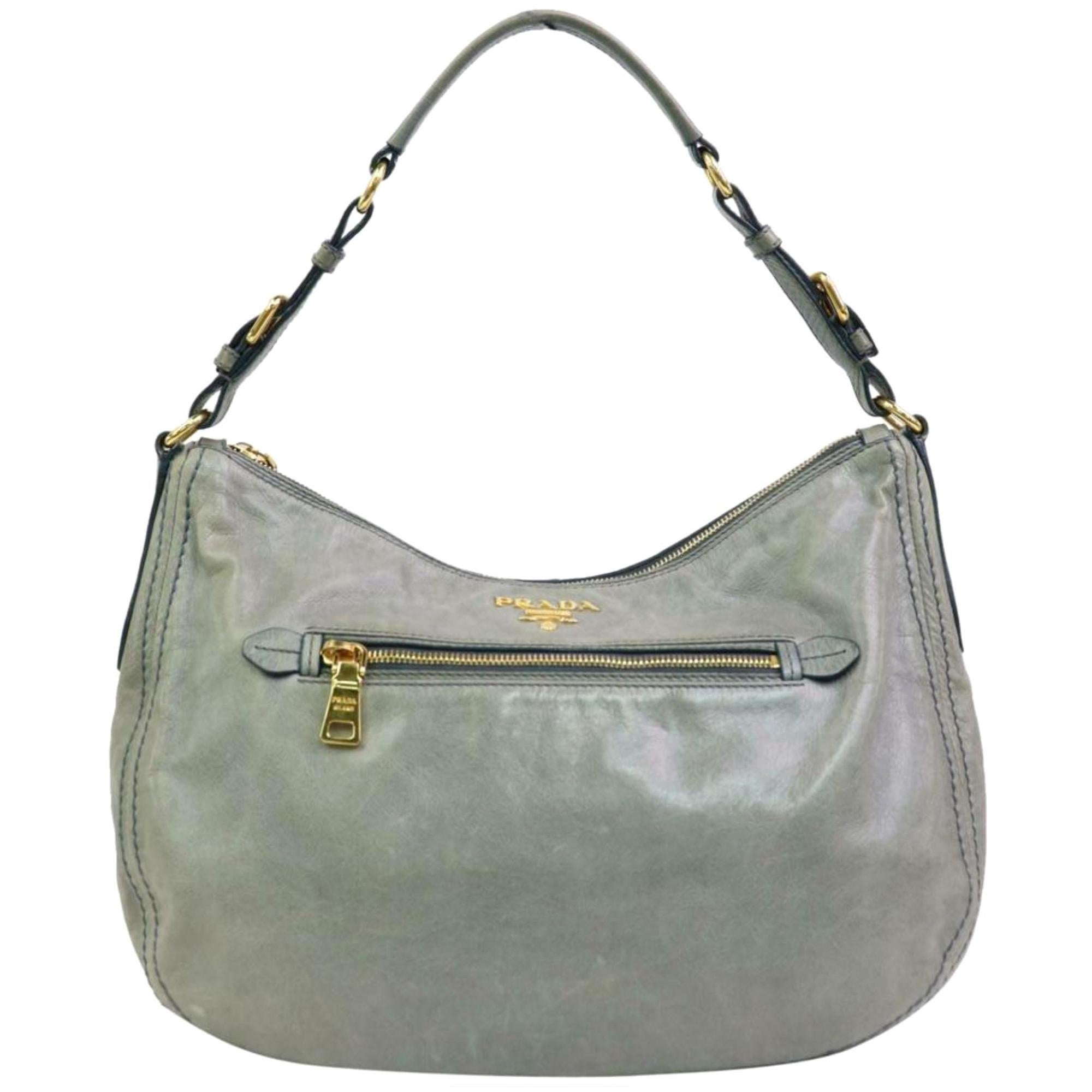 Prada Grey-blue Zip Hobo 870353 Gray Leather Shoulder Bag For Sale