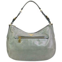 Vintage Prada Grey-blue Zip Hobo 870353 Gray Leather Shoulder Bag