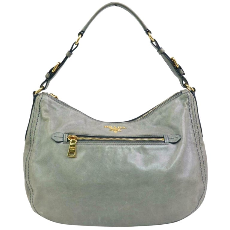 Prada Grey-blue Zip Hobo 870353 Gray Leather Shoulder Bag For Sale at  1stDibs