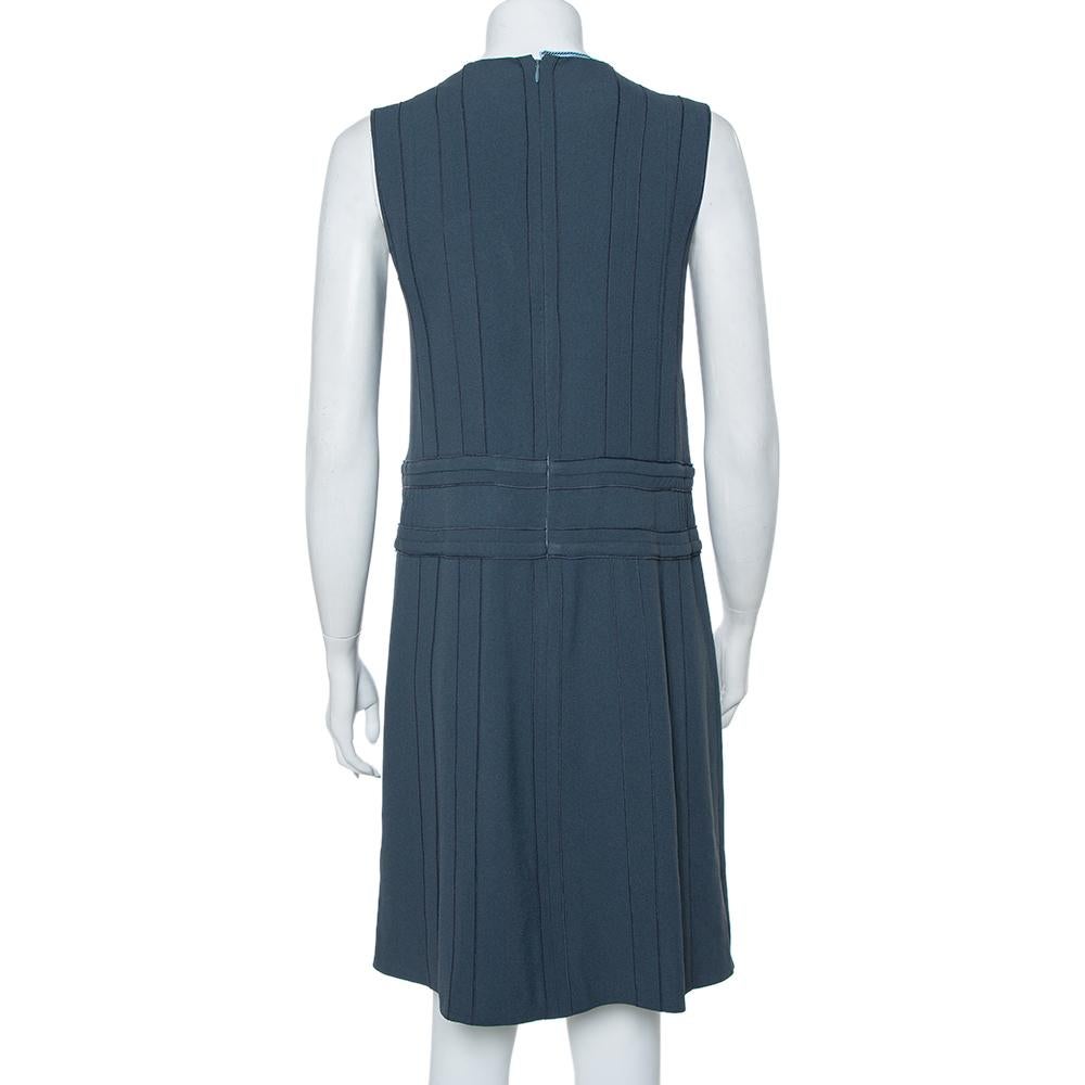 Prada Grey Crepe Ruffle Detail Paneled Bleu Dress S In Good Condition In Dubai, Al Qouz 2