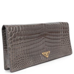 PRADA grey CROCODILE LONG FLAP Clutch Bag
