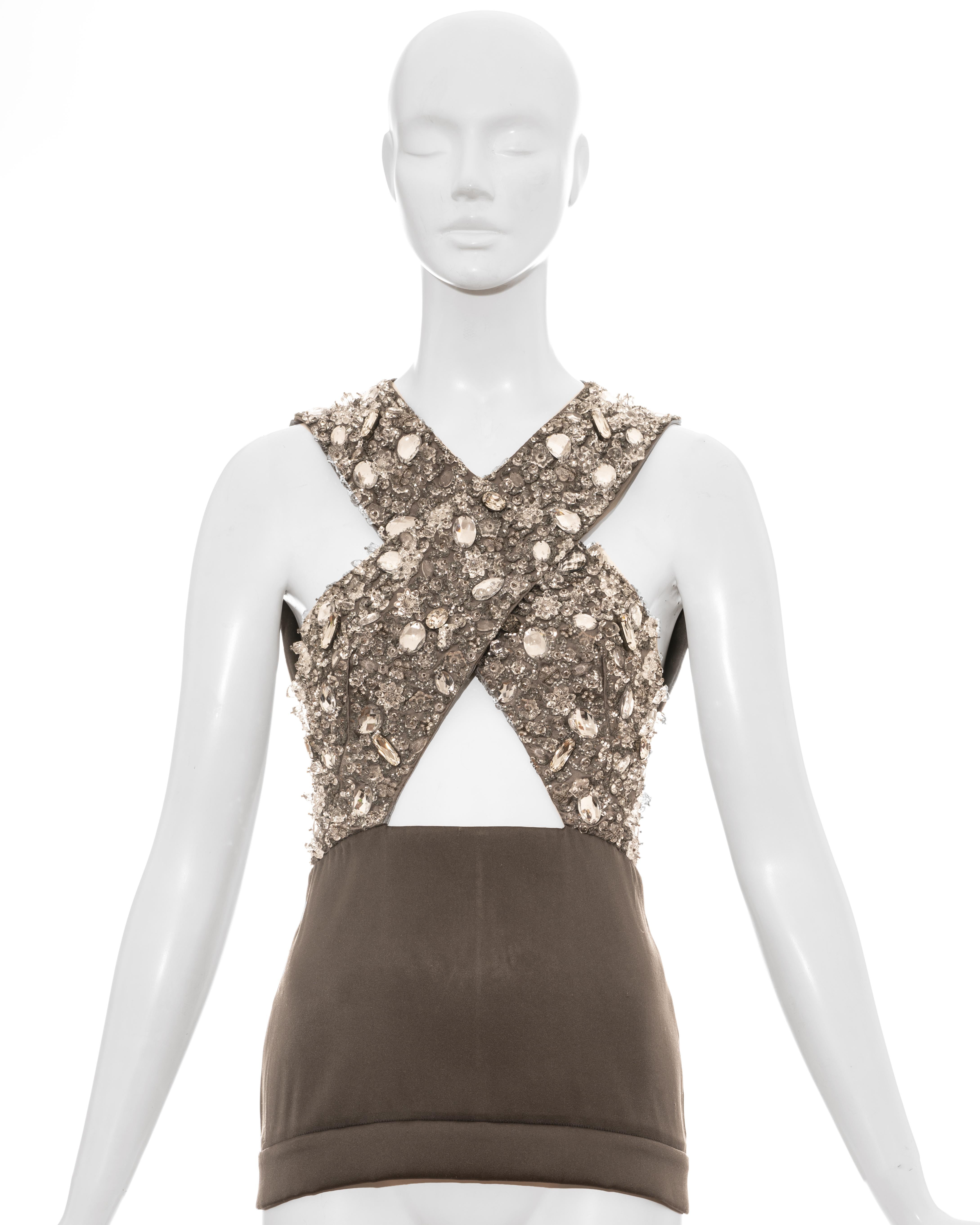 Prada grey crystal embellished evening vest with cut-out cleavage and back zip fastening. 

Spring-Summer 2010