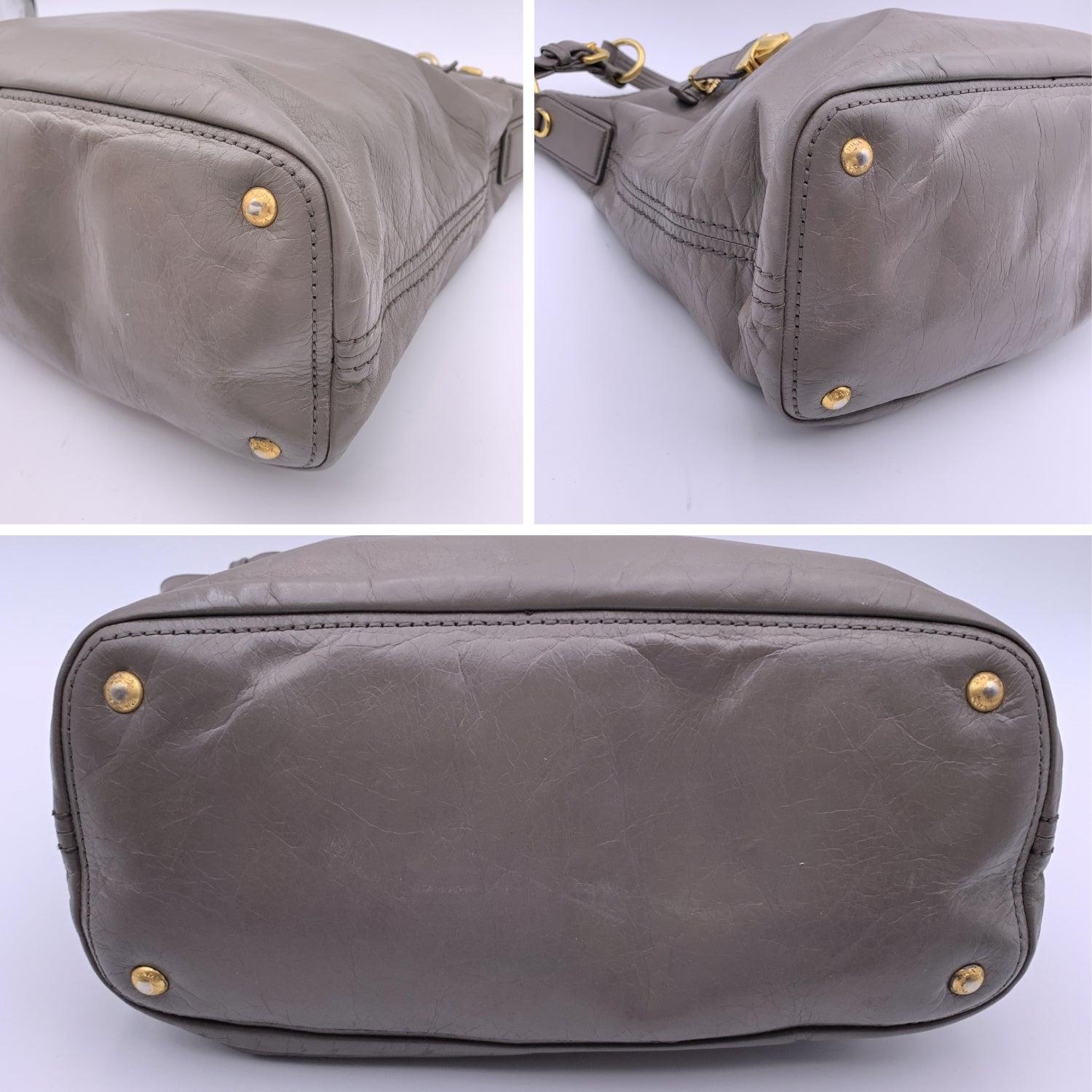 Women's Prada Grey Distressed Leather Zip Pockets ote Shoulder Bag