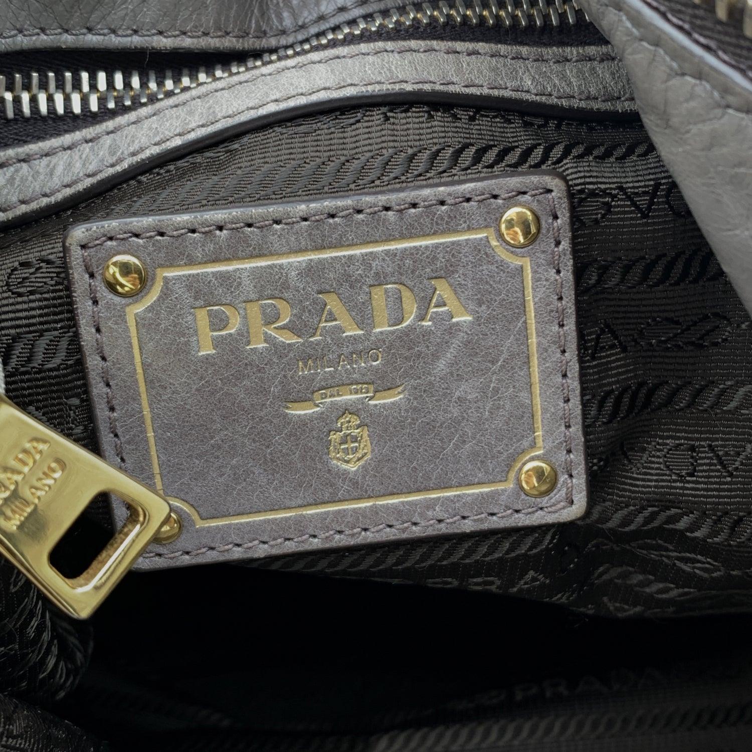 Prada Grey Distressed Leather Zip Pockets ote Shoulder Bag 1