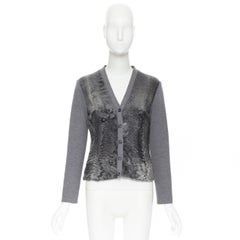 PRADA grey dyed breitschwanz fur front lamb wool knitted cardigan jacket IT42