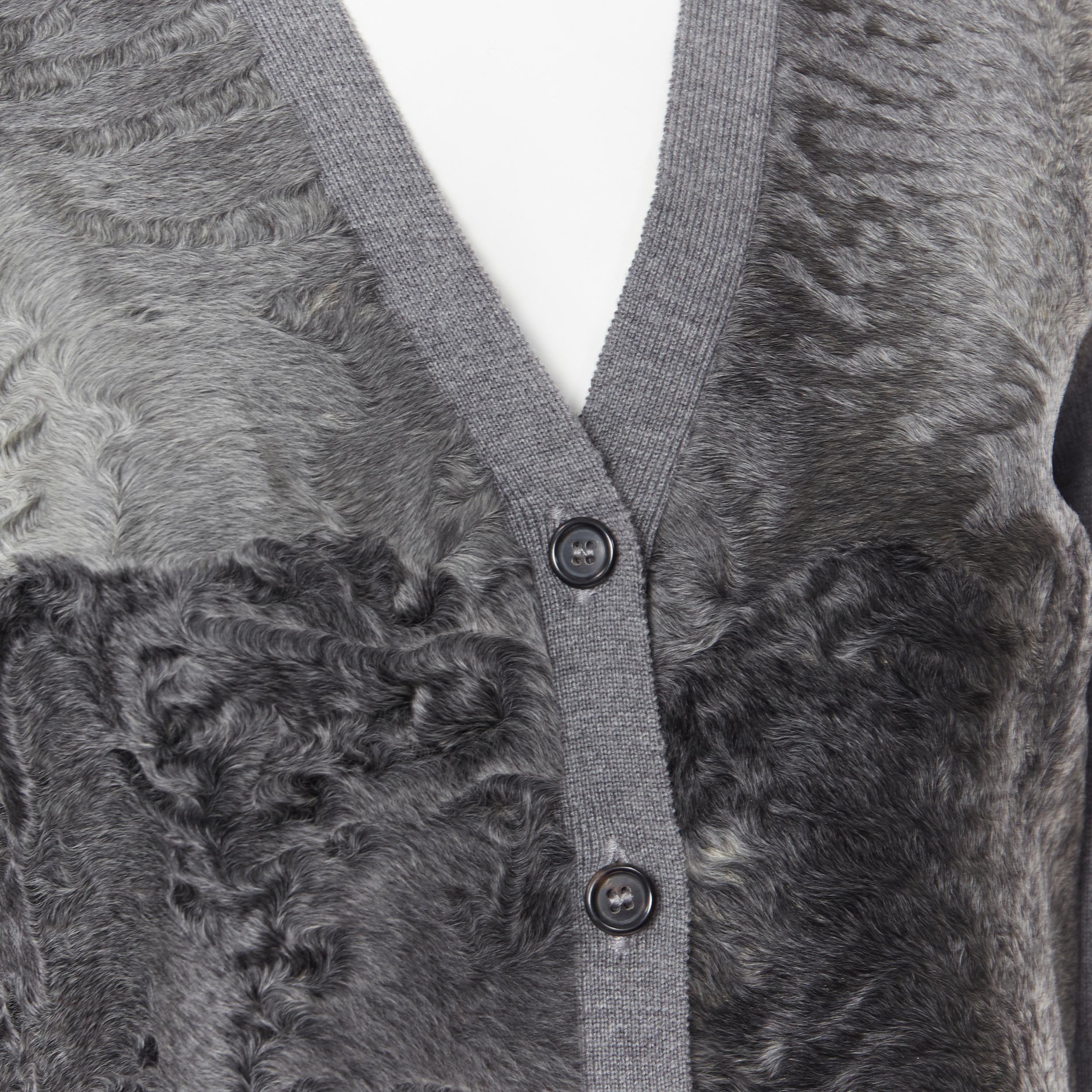 Women's PRADA grey dyed breitschwanz fur front lamb wool knitted cardigan jacket IT42