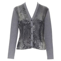 PRADA grey dyed breitschwanz fur front lamb wool knitted cardigan jacket IT42