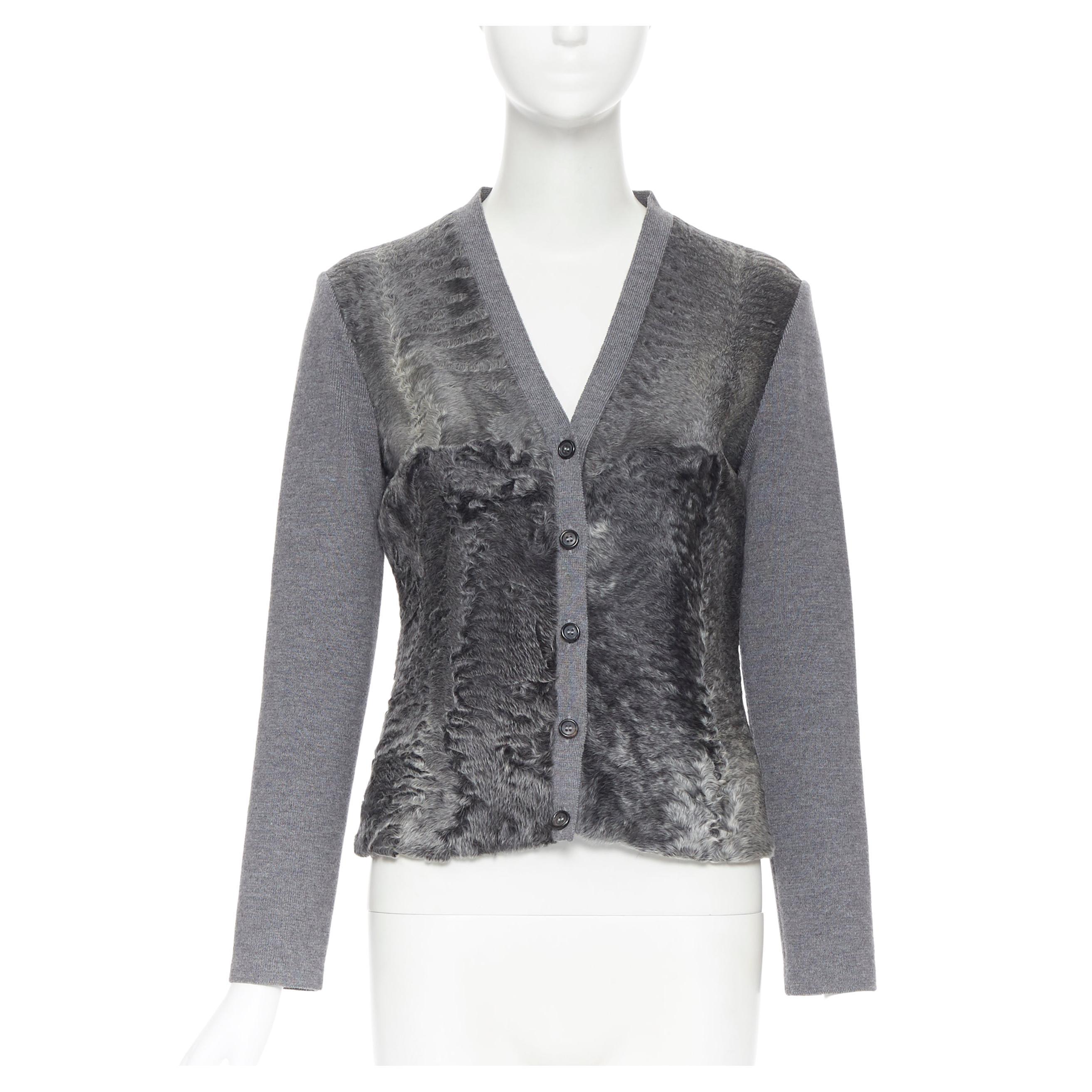 PRADA grey dyed breitschwanz fur front lamb wool knitted cardigan jacket IT42