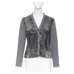 PRADA grey dyed breitschwanz fur front lamb wool knitted cardigan jacket IT42