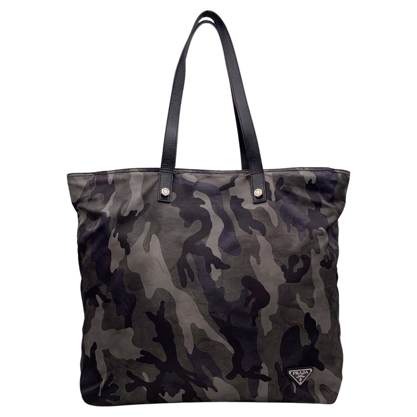 Prada Grey Fumo Nylon Camouflage Large Tote Bag VA0883