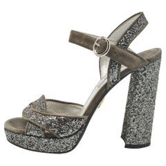Prada Grey Glitter and Suede Platform Ankle Strap Sandals Size 37
