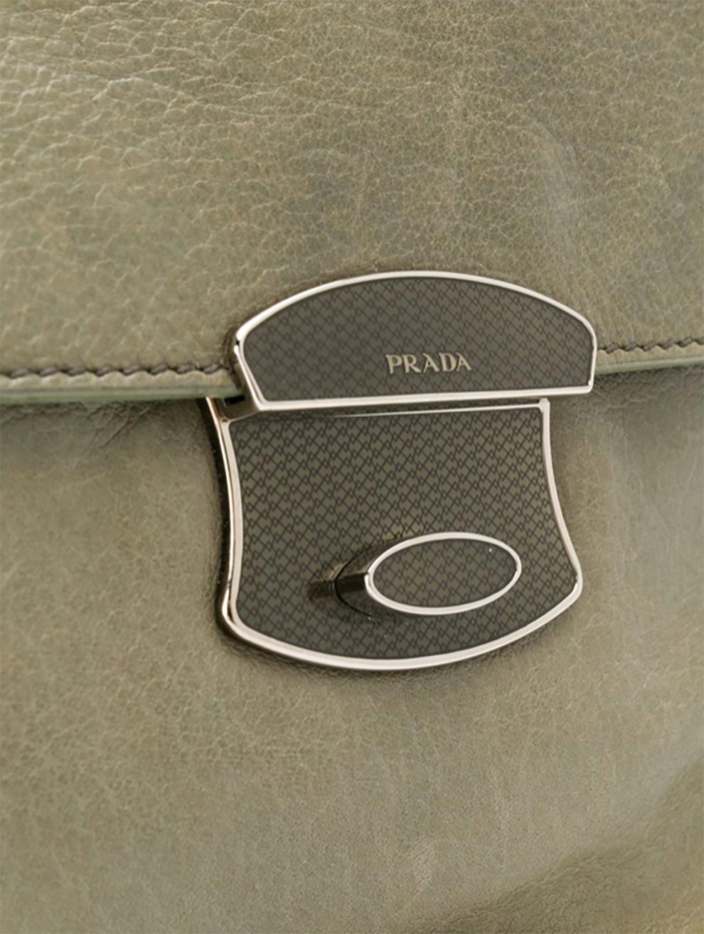 Prada grey green leather chain strap shoulder bag featuring a foldover top with twist-lock closure, a pink logo printed lining, an internal logo plaque, silver-tone hardware and a detachable round-link chain shoulder strap (Handle 19.7in (50cm)).