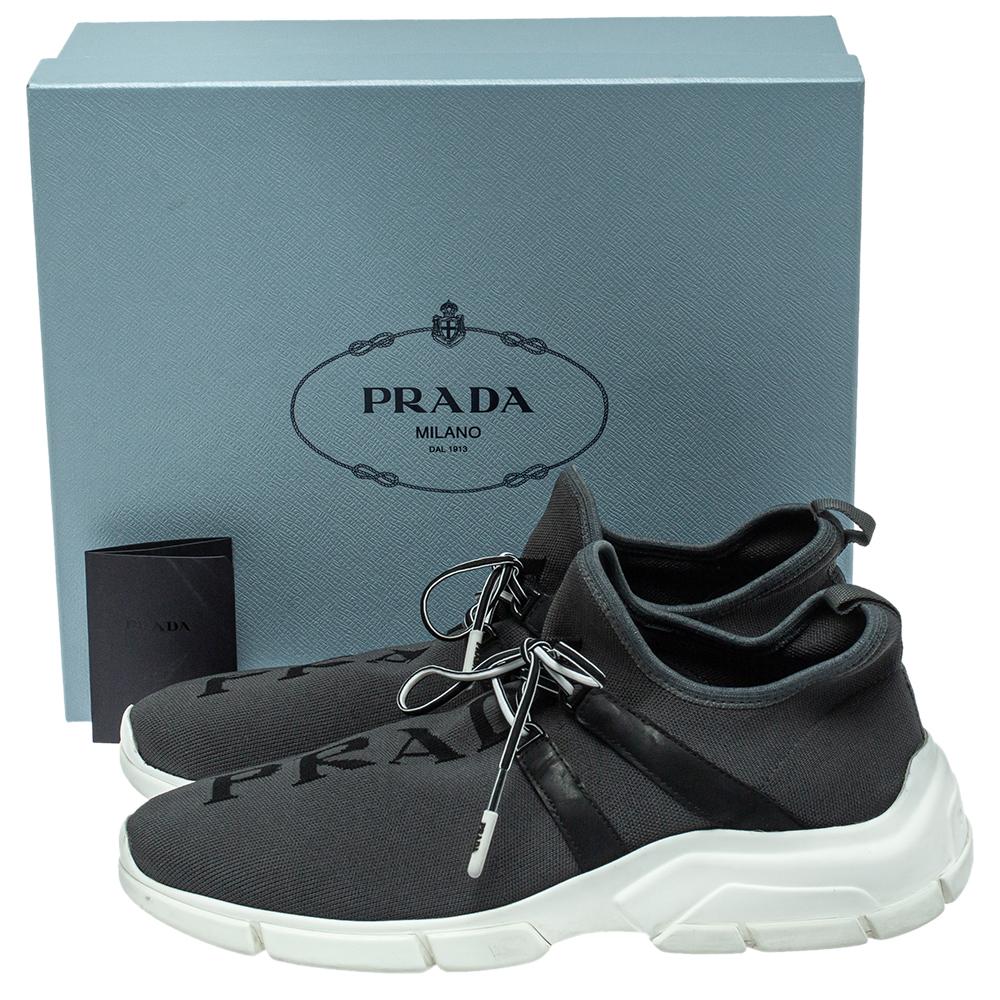 Black Prada Grey Knit Fabric Logo Low Top Sneakers Size 41