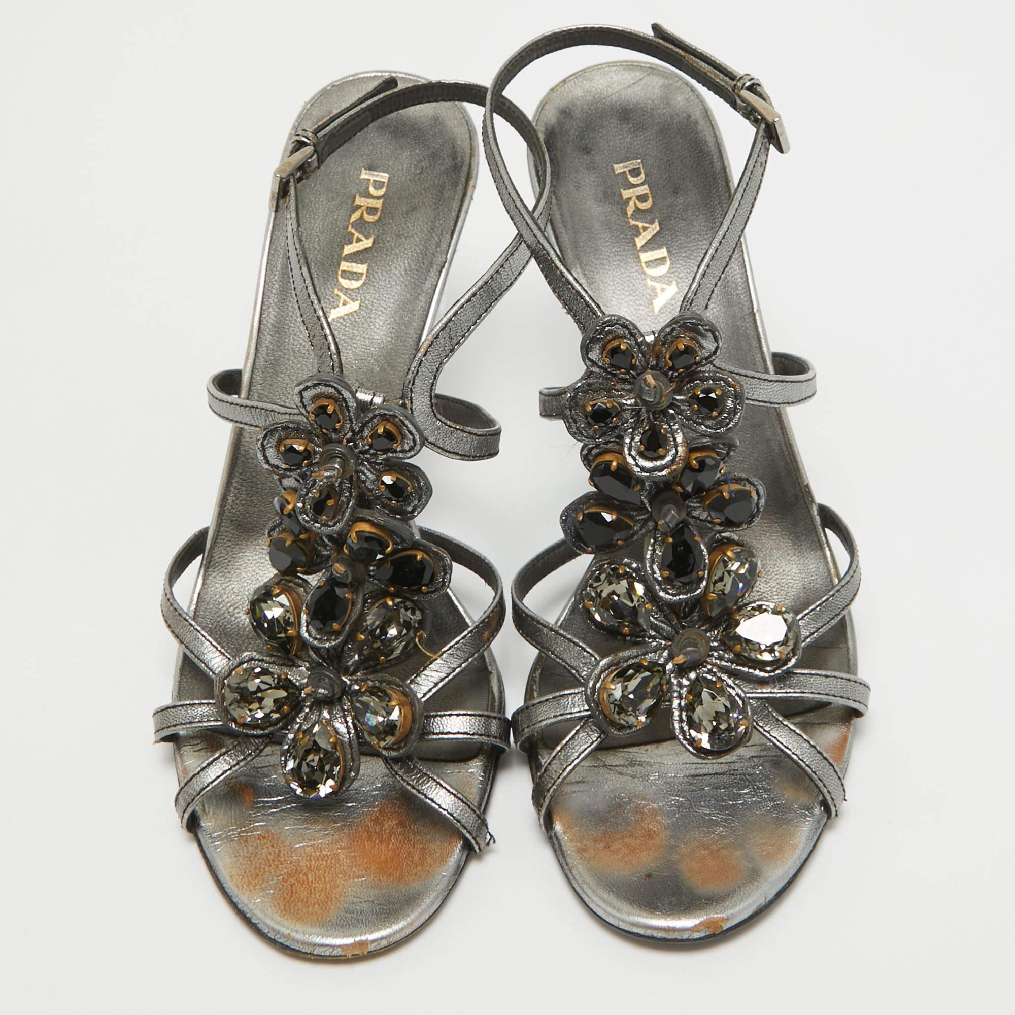 Gray Prada Grey Leather Crystal Embellished Ankle Strap Sandals Size 37.5 For Sale