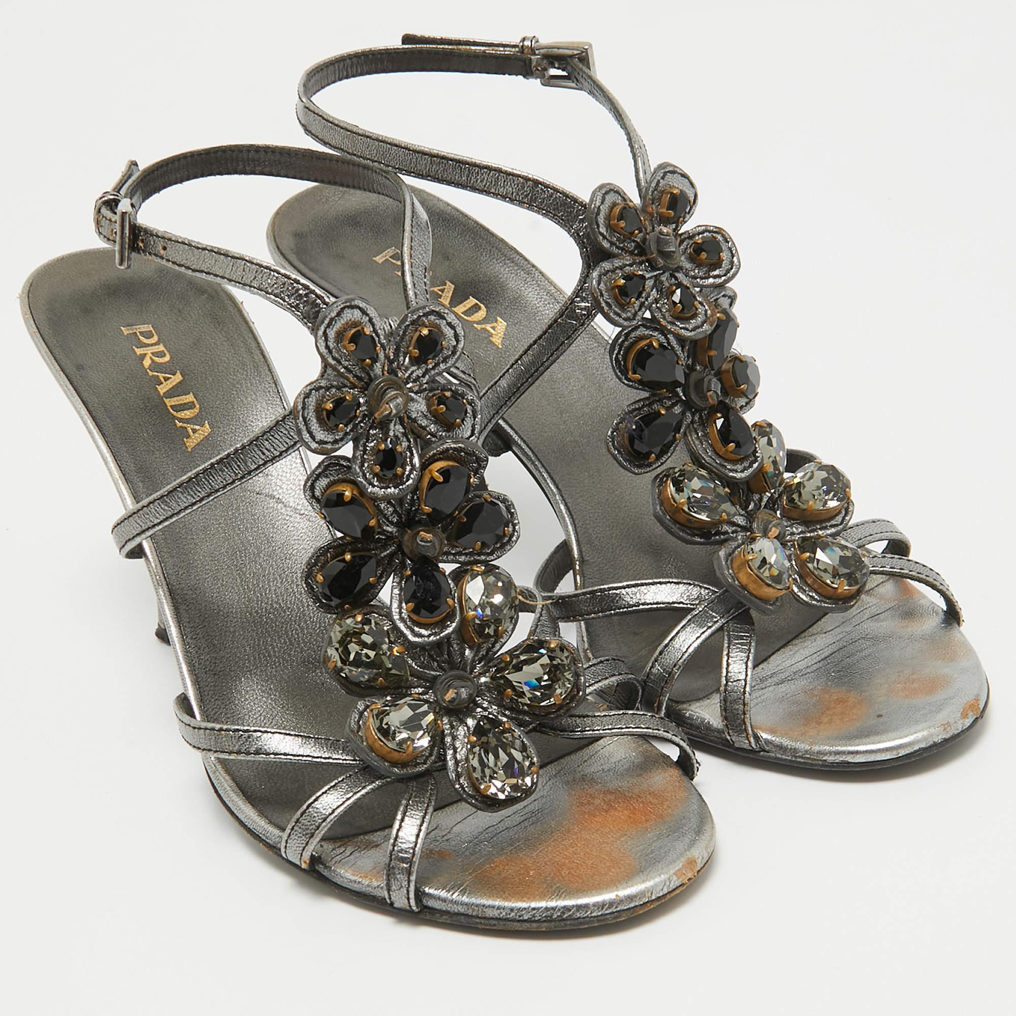 Women's Prada Grey Leather Crystal Embellished Ankle Strap Sandals Size 37.5 For Sale