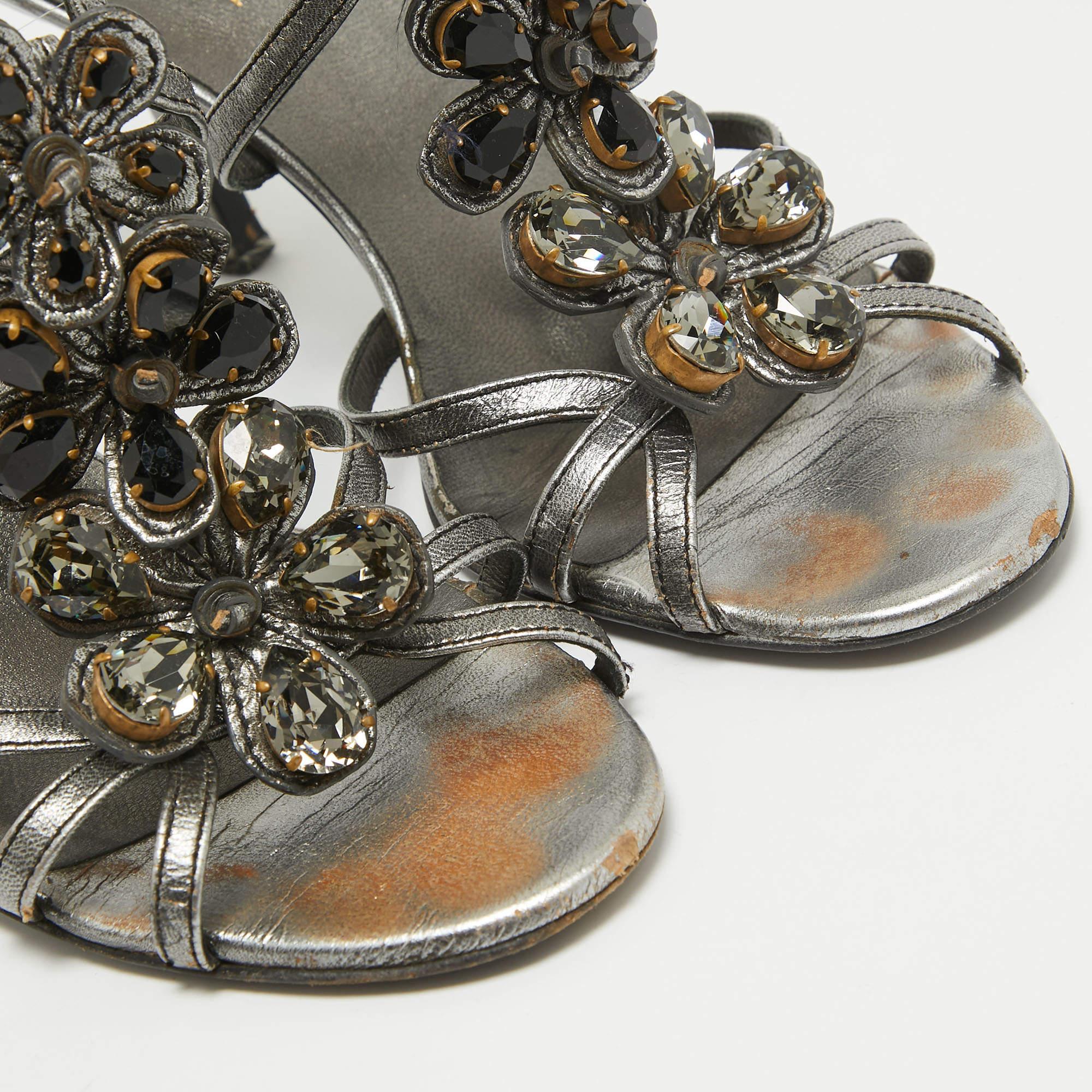 Prada Grey Leather Crystal Embellished Ankle Strap Sandals Size 37.5 For Sale 1