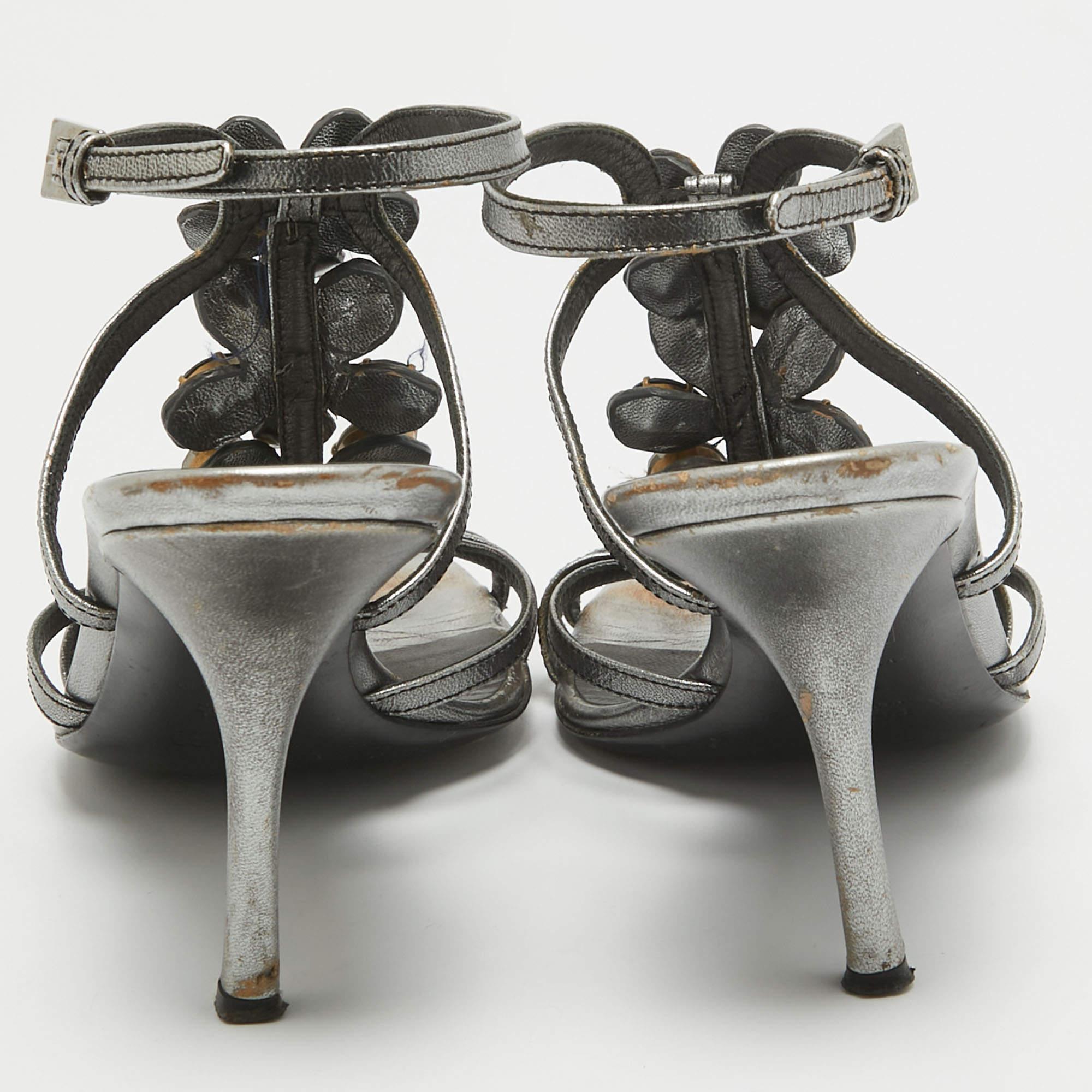 Prada Grey Leather Crystal Embellished Ankle Strap Sandals Size 37.5 For Sale 2