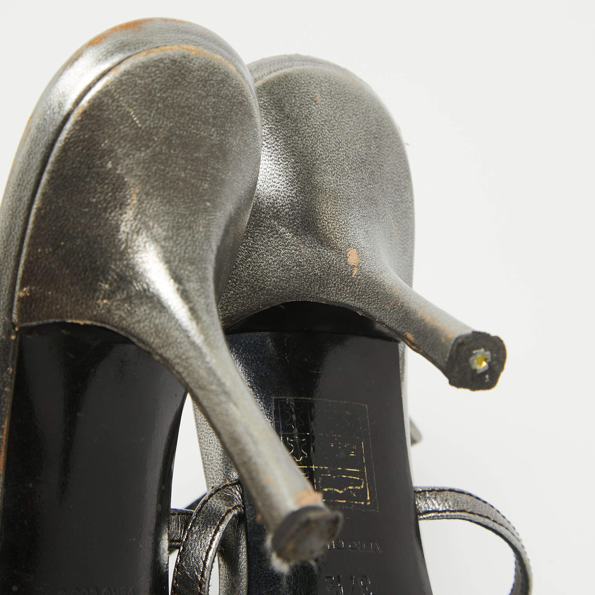 Prada Grey Leather Crystal Embellished Ankle Strap Sandals Size 37.5 For Sale 3