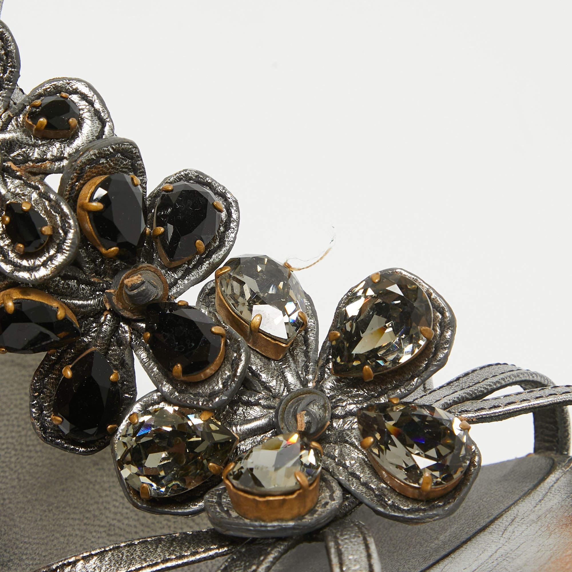 Prada Grey Leather Crystal Embellished Ankle Strap Sandals Size 37.5 For Sale 4