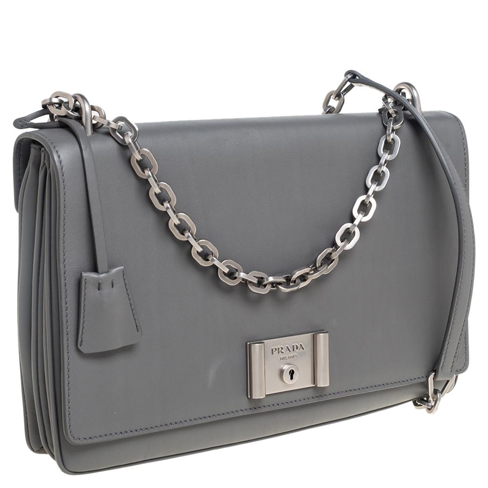 Gray Prada Grey Leather Flap Chain Shoulder Bag