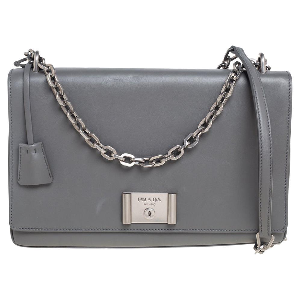 Prada Grey Leather Flap Chain Shoulder Bag