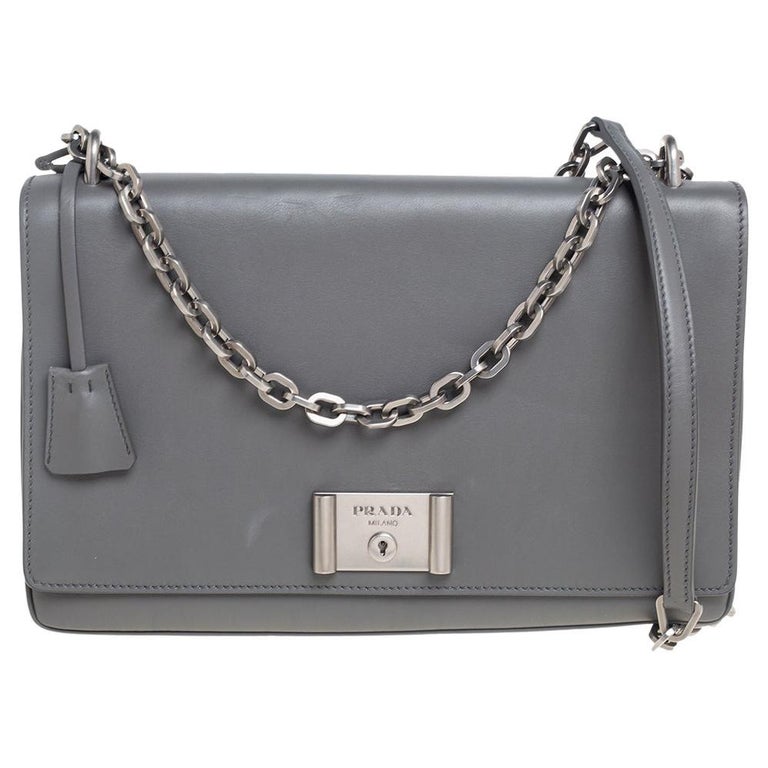 Prada Grey Leather Flap Chain Shoulder Bag at 1stDibs