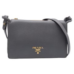 Prada Grey Leather Flap Crossbody Bag