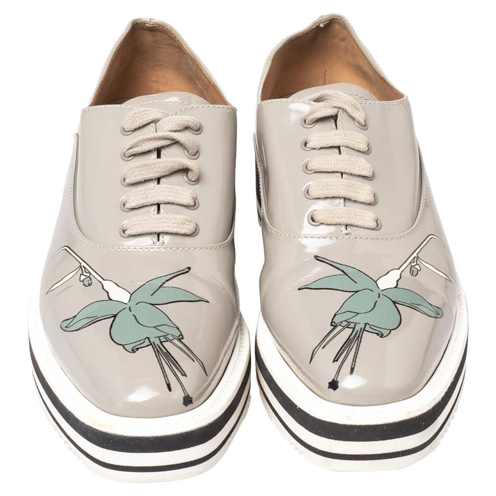 Gray Prada Grey Leather Flower Print Platform Lace Up Oxford Size 38