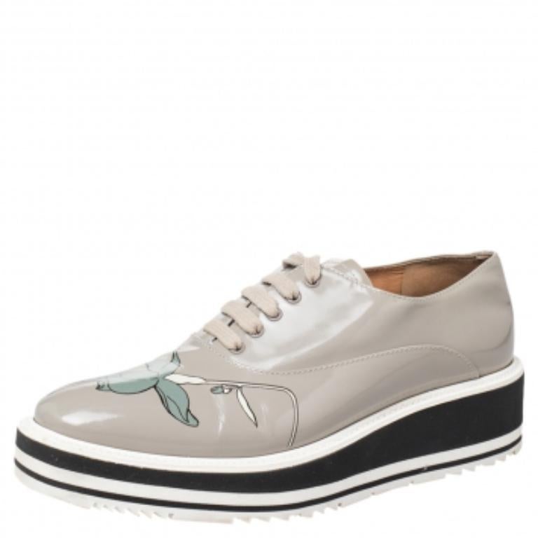 Prada Grey Leather Flower Print Platform Lace Up Oxford Size 38 2