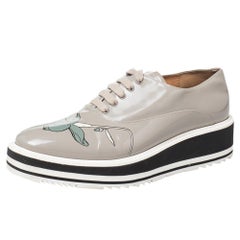Prada Grey Leather Flower Print Platform Lace Up Oxford Size 38