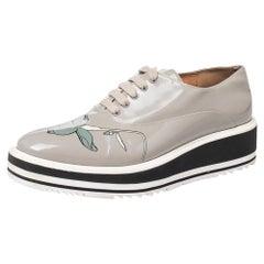 Prada Grey Leather Flower Print Platform Lace Up Oxford Size 38