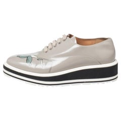 Prada Grey Leather Flower Print Platform Lace Up Oxford Size 38