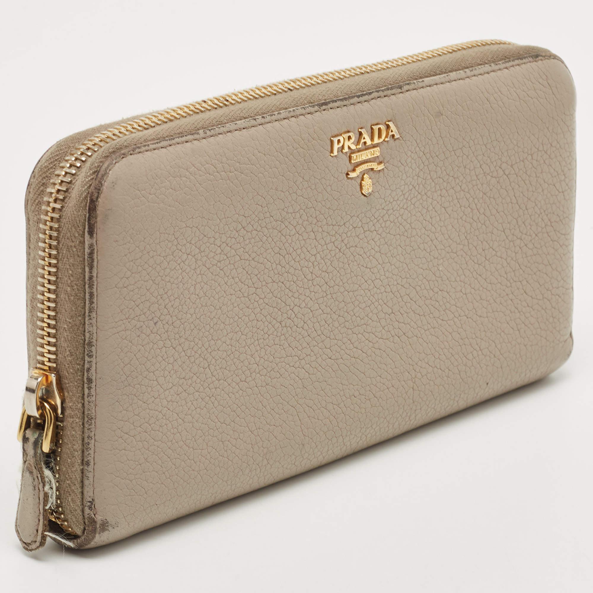 Beige Prada Grey Leather Logo Zip Around Continental Wallet For Sale