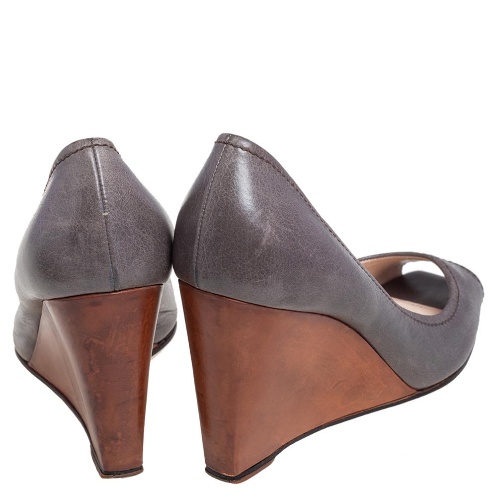 Gray Prada Grey Leather Peep Toe Wedge Pumps Size 39