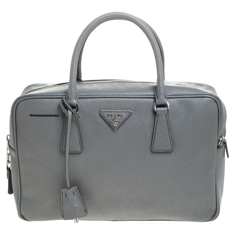 Prada Grey Leather Saffiano Leather Bauletto Satchel For Sale