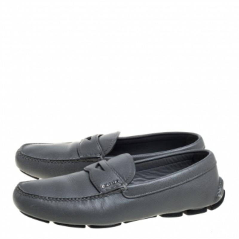 Gray Prada Grey Leather Slip On  Loafers Size 41 For Sale