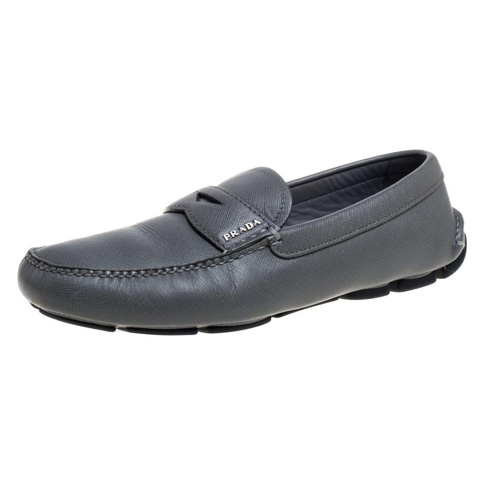 Prada Grey Leather Slip On Loafers Size 41